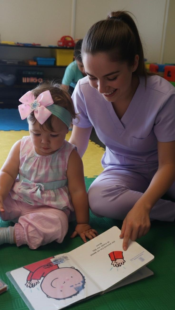 Niñera leyendo con niña en espacio de juego