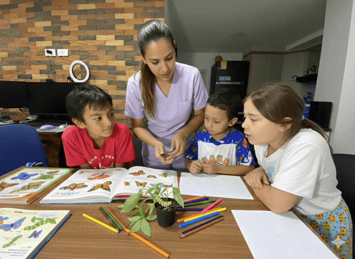 Niñera acompañando el aprendizaje de un niño